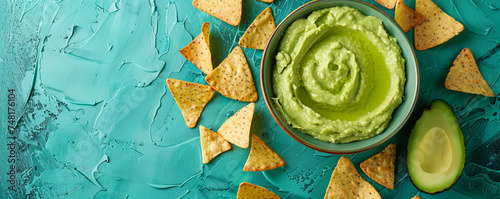 Creamy avocado hummus in a ceramic dip bowl surrounded by pita chips on a turquoise surface Top view space to copy.