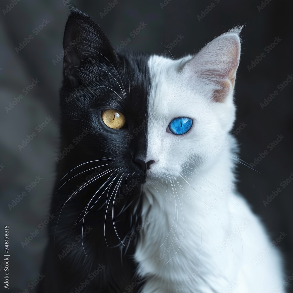 Portrait of a black and white cat with blue eyes on a dark background. Two cats with unique appearance.