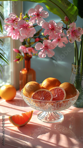 Sunlit oranges in a bowl, pink flowers in vases on a window sill photo