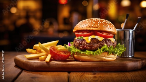 Beautiful juicy burger on a wooden board with french fries on the background of a cafe