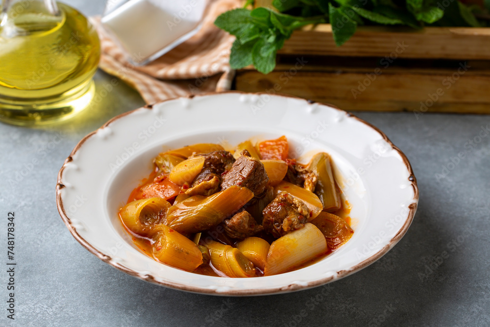 Turkish Food Leek with Meat - Etli Pirasa. Turkish Food Leek with Meat - Etli Pirasa.