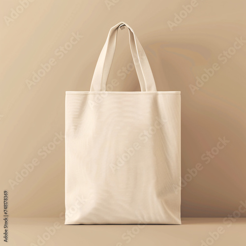 A white tote bag hangs against a grey background, casting a soft shadow. photo
