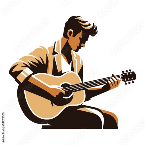 Musician man playing guitar acoustic vector illustration, male guitarist performing music, String instrument player design template isolated on white background