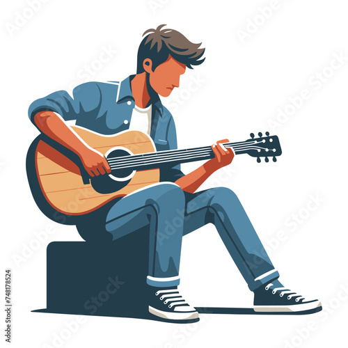 Musician man playing guitar acoustic vector illustration, male guitarist performing music, String instrument player design template isolated on white background