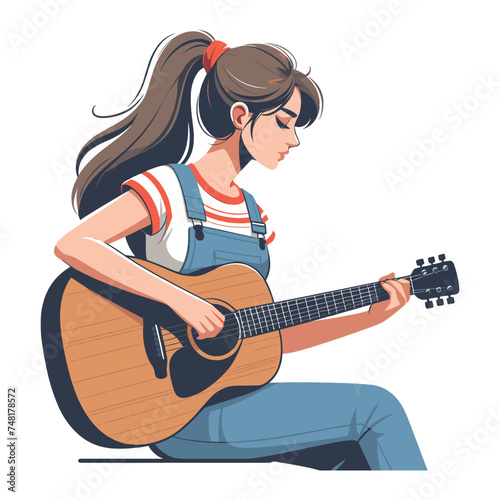 Musician woman playing guitar acoustic vector illustration, female guitarist performing music, String instrument player design template isolated on white background