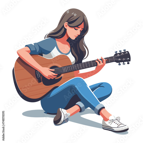 Musician woman playing guitar acoustic vector illustration, female guitarist performing music, String instrument player design template isolated on white background