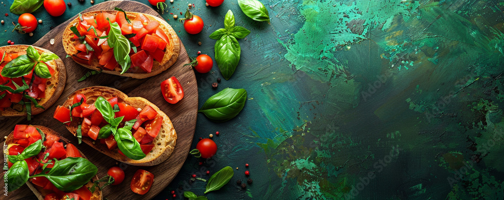Crispy bruschetta with ripe tomatoes and fresh basil on a rustic wooden serving board with a moss green background Top view space to copy.