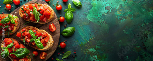 Crispy bruschetta with ripe tomatoes and fresh basil on a rustic wooden serving board with a moss green background Top view space to copy. © Adnan's Stock 