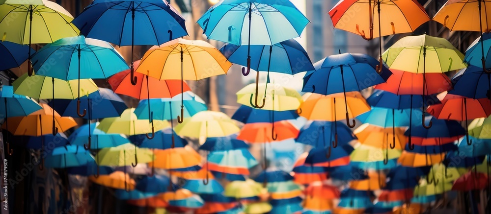 Numerous umbrellas are suspended in mid-air, ready to be accessed by customers in preparation for the rainy season. The umbrellas are evenly spaced out,