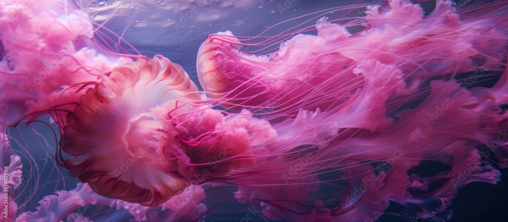 A group of pink jellyfish float gracefully in the water, moving with an ethereal beauty that captivates viewers. Their bioluminescence adds a mesmerizing glow to the underwater scene. A group of pink jellyfish float gracefully in the water, moving with an ethereal beauty that captivates viewers. Their bioluminescence adds a mesmerizing glow to the underwater scene.