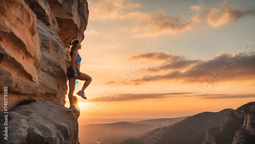 Athletic Woman climbing on overhanging cliff rock with sunset sky background. photo
