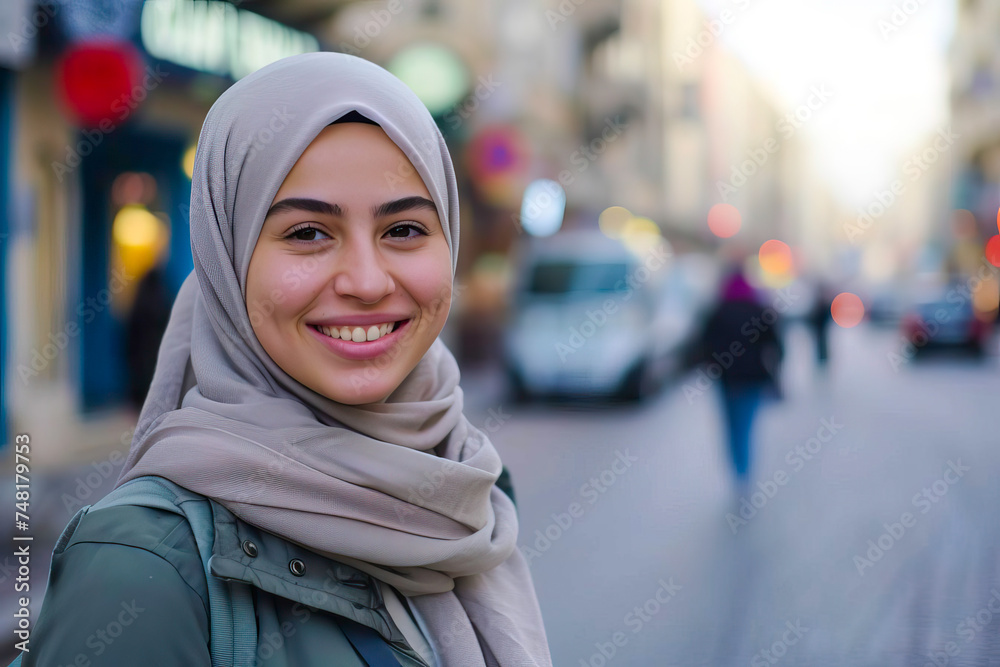 Happy Woman in Headscarf Smiles Happy Woman in Headscarf Smiles