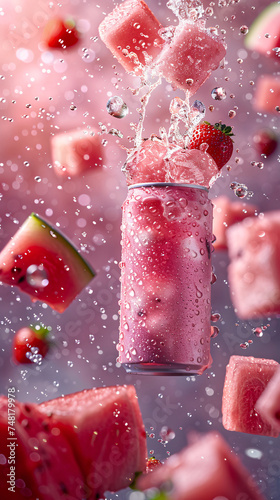 A vibrant splash of strawberry and watermelon pieces around a refreshing smoothie