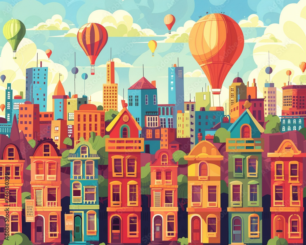 Bright colorful vector scene of a cityscape with cartoon houses and ballooning price tags depicting the real estate crunch