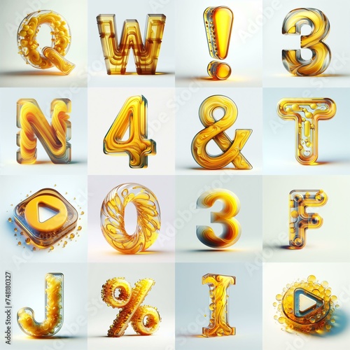 Yellow glass 3D Lettering Typeface. AI generated illustration