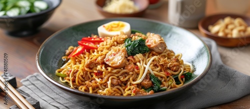 A bowl filled with Mee Ho Goreng Campur  a delicious noodle dish mixed with meat and vegetables  topped with crunchy Keropok Goreng for added texture and flavor.