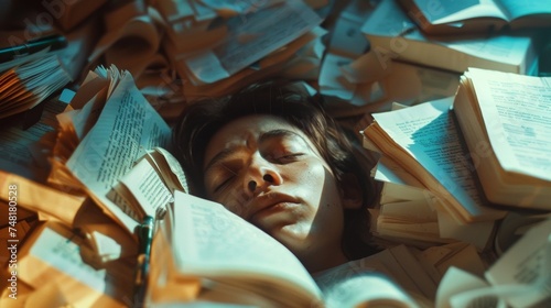 A closeup of a students exhausted face surrounded by heaps of notes and open textbooks as they study late into the night in the law school study lounge.