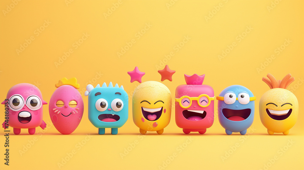 Group of cute cartoon characters with a variety of joyful expressions set against a cheerful solid hue Group of cute cartoon characters with a variety of joyful expressions set against a cheerful solid hue