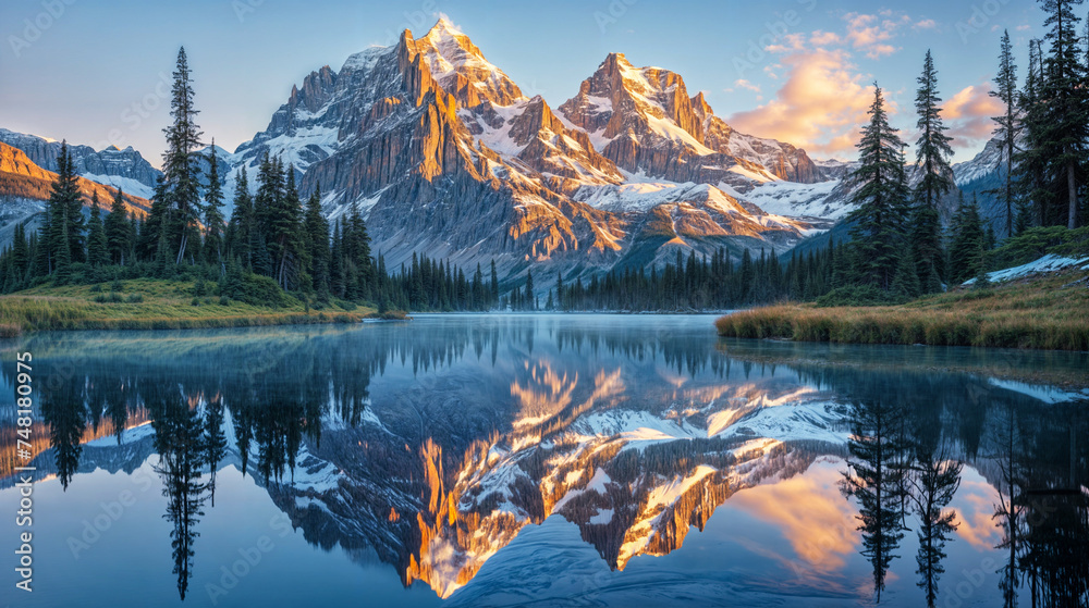 Panorama view of a majestic mountain landscape reflecting in a forest lake