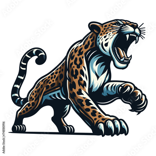 Wild roaring jaguar leopard full body vector illustration, zoology illustration, animal predator big cat design template isolated on white background