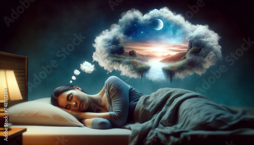 A serene scene of a woman sleeping soundly with a cloud-shaped dream above her, depicting a tranquil landscape under a starry sky with a crescent moon, AI generated. photo