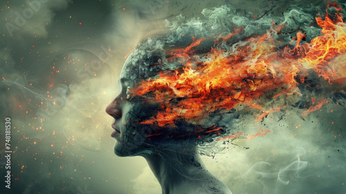 Woman with her head on fire - symbol of headache, stress, mental problems