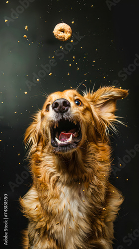 Exciting moment of a Golden Retriever looking upwards to catch a flying treat with joy, on a dark background