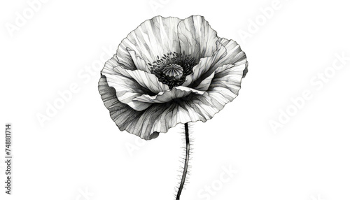 Detailed black and white illustration of a poppy flower for artistic and memorial day design elements