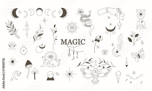 Set of mystic vector items, moon, hands, crystals, planets. Doodle astrology style. Doodle esoteric, boho mystical hand drawn elements. Magic and witchcraft, witch esoteric alchemy. Icons set.