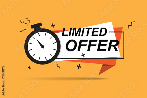 Limited offer, super promo label, sale banner with stopwatch, red and white sticker, flat vector illustration on orange background.