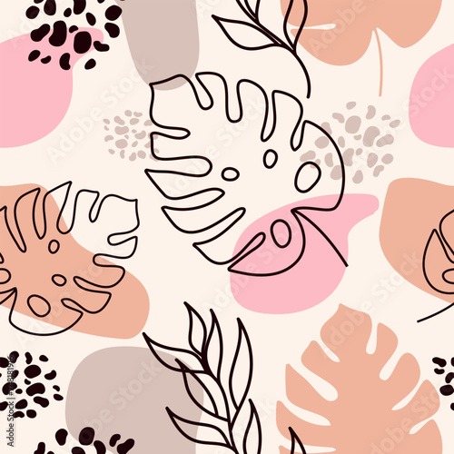 Seamless Pattern of Tropical leaves .Vector floral background in a trendy minimalistic linear style in pastel colors for printing packaging, fabric, t-shirts, covers, posters.Summer.Botany.Flowers.