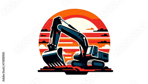 Vector illustration of an excavator against a sunset perfect for construction themed designs