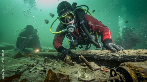 A team of divers carefully photograph and document artifacts found on underwater treasure hunt building a digital archive of discoveries and uncovering forgotten photo