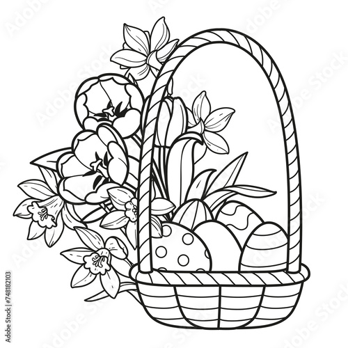 Basket  full of painted Easter eggs with tulip and narcissus flowers outlined for coloring on a white background © Azuzl