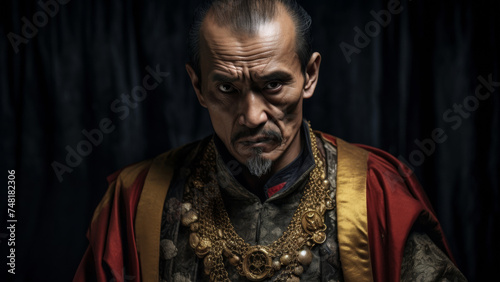 Intense gaze of a man in ornate traditional Asian attire, embodying regal heritage.