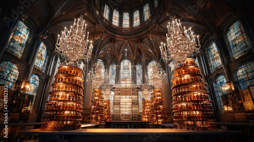 Vast alcohol cellar with columns of bottles, modern gothic style
