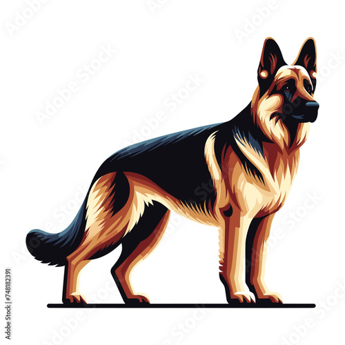 German shepherd dog full body vector illustration, standing dog, family pet, assistance, search service, rescue, police, and military help design template isolated on white background