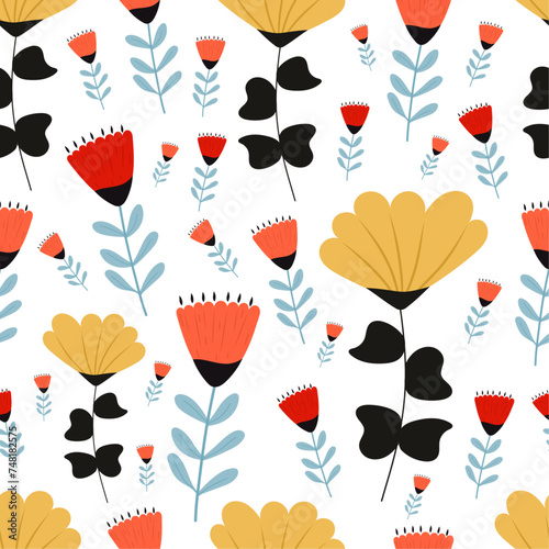 Vector red and yellow flower pattern on white isolated background. Spring theme. For wallpaper  prints  wrapping paper.