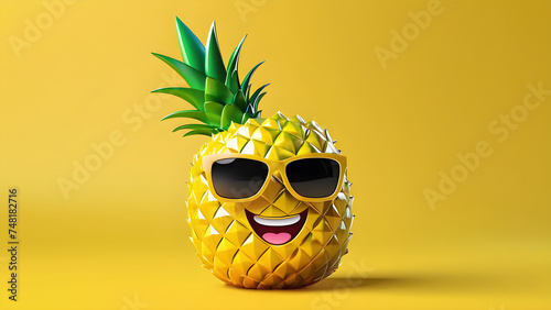 pineapple cartoon with cool glass. a fruit pineapple emoji on a yellow background. fruit diet. fresh organic fruit. vitamin nutrition healthy food with space. Perfect for any design.