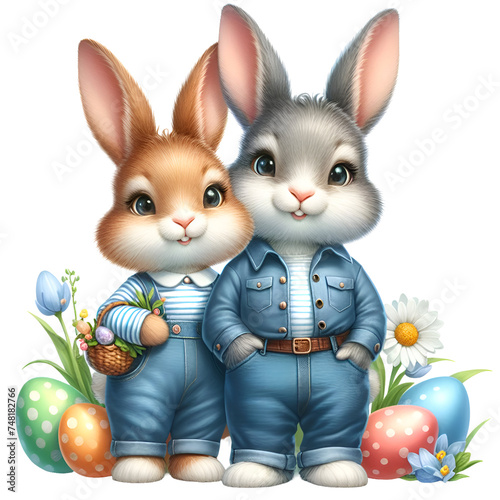 Easter couple bunny hug, Cute bunny with easter eggs love bunny PNG clipart for craft