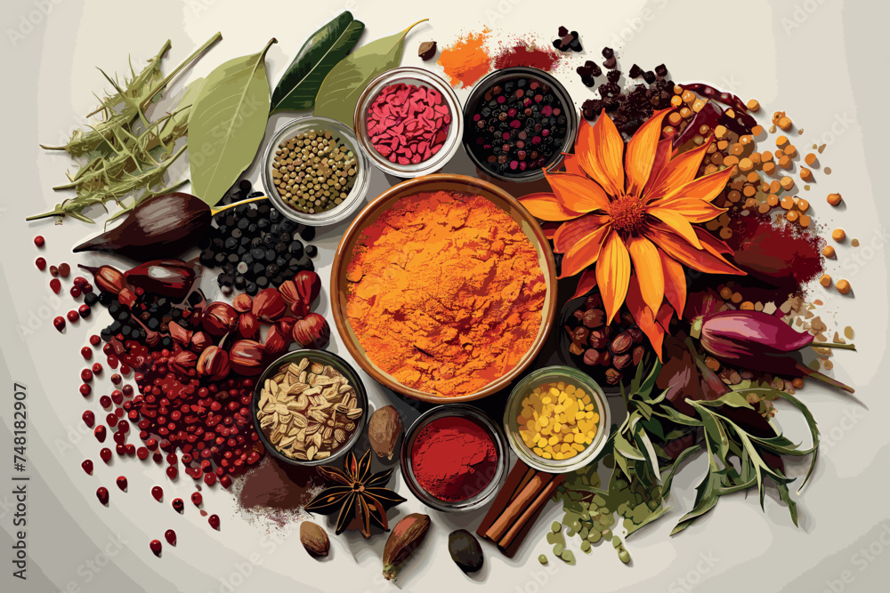 Flavorful, colorful spices in metal bowls and glass bottles on dark wooden background.