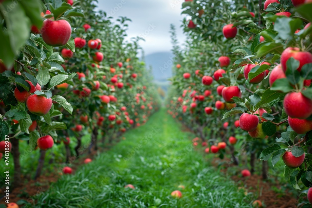 Rows of apple trees laden with bright red fruit, indicating peak harvest time in a well-maintained orchard.