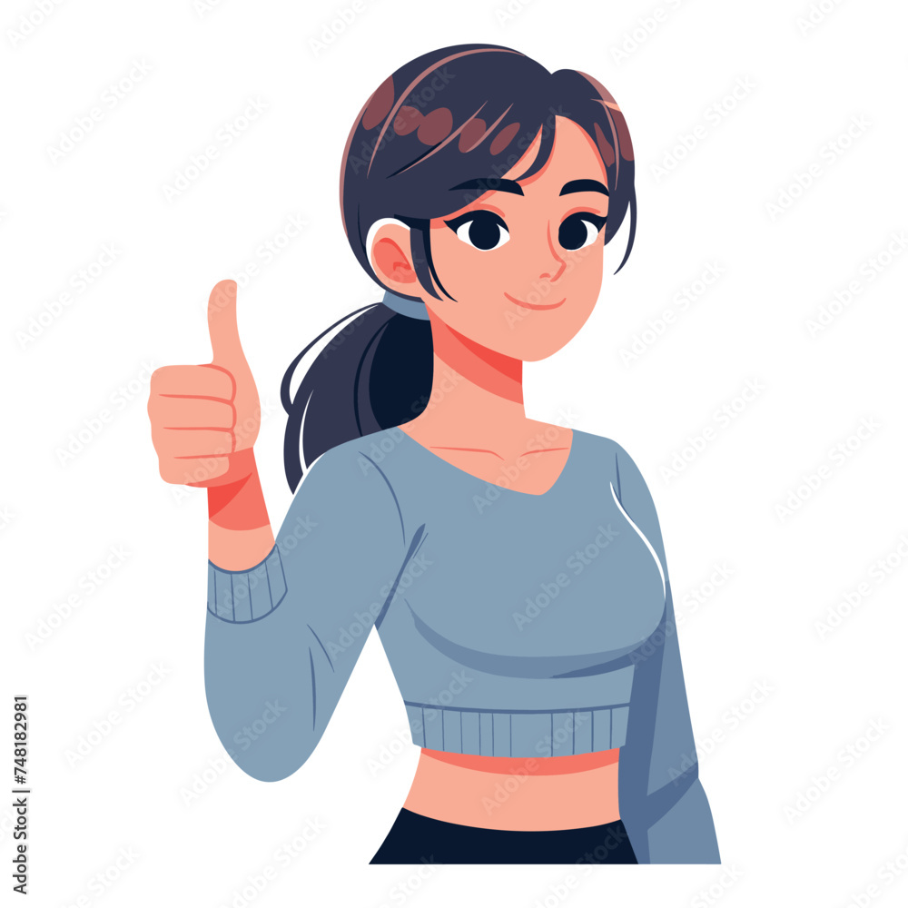 Woman giving thumbs up vector illustration, happy girl showing OK gesture, approval sign, positive emotion, work done sign design template isolated on white background Woman giving thumbs up vector illustration, happy girl showing OK gesture, approval sign, positive emotion, work done sign design template isolated on white background