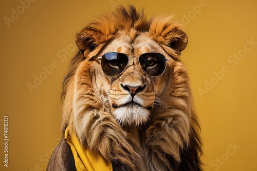 lion wearing sunglasses on yellow background