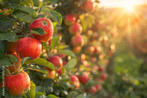 Rows of apple trees laden with bright red fruit, indicating peak harvest time in a well-maintained orchard.