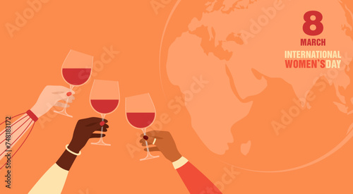 Hands of women of different nationalities and skin tones holding glasses of red wine with Earth globe on background. International Women's day greeting card. Flat vector illustration