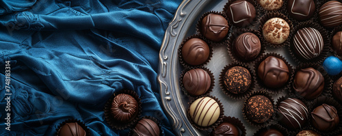 Elegant chocolate truffles displayed on a silver platter with a royal blue velvet background Top view space to copy.