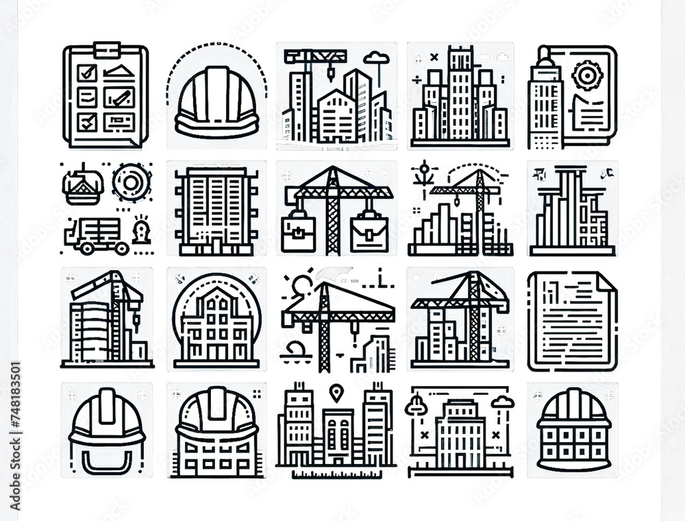 Collection of architectural blueprint icons perfect for construction and engineering design works