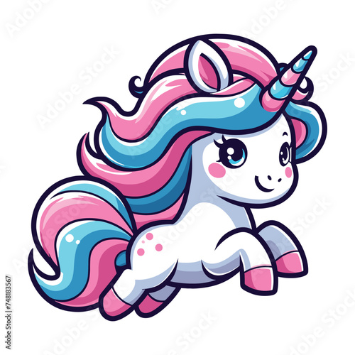 Cute unicorn cartoon character vector illustration, happy adorable magic unicorn with rainbow mane and tail design template isolated on white background