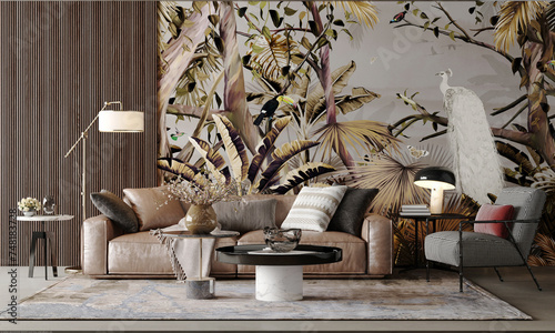 Living room design with hand painted tropical nature, white peacock, wood flooring, recessed lighting and ornamental plants - 3D rendering photo